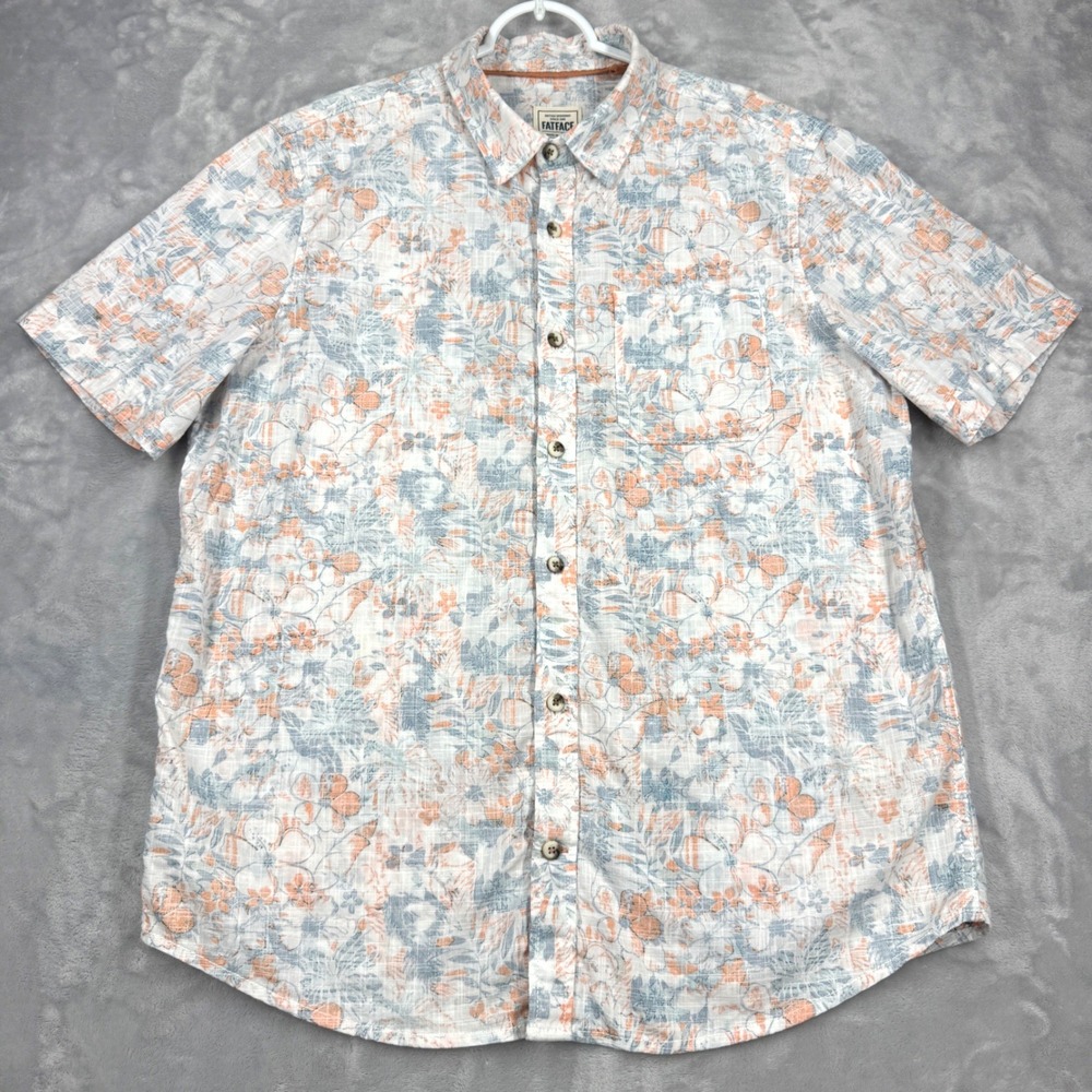 FATFACE White Sketchy Hibiscus Shirt Mens L Button Up Short Sleeve Hawaiian